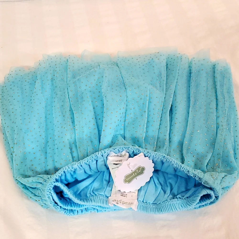 Size:4/5Toddler Mud Pie Blue Layered Gold Glittered Mesh Skirt & Bloomer Set - Picture 2 of 4